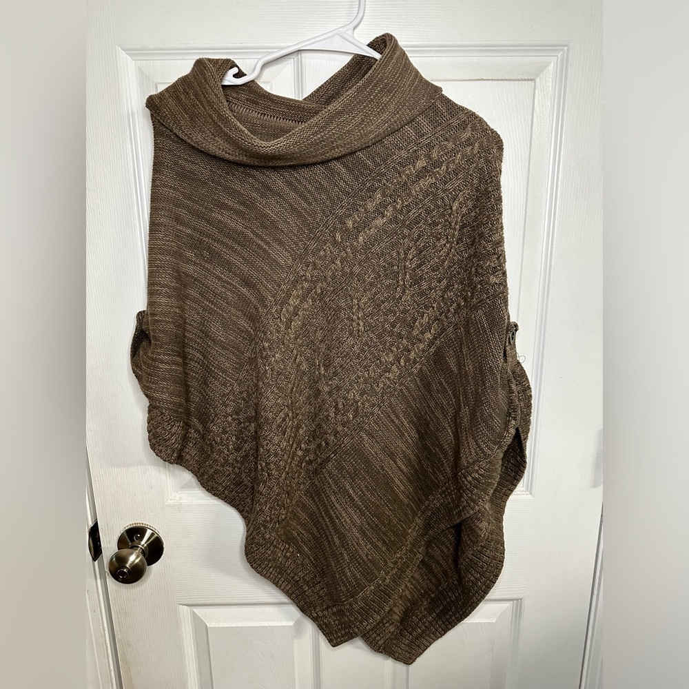 Women’s Sonoma Pullover Brown Knitted Poncho Shawl With Collar Sweater Size L/XL